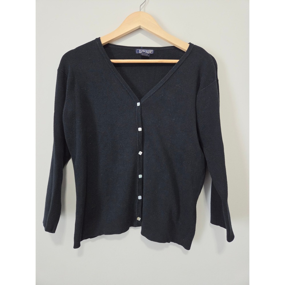 Harolds Womens Black 100% Cotton V-Neck Button Up Cardigan Sweater Size L